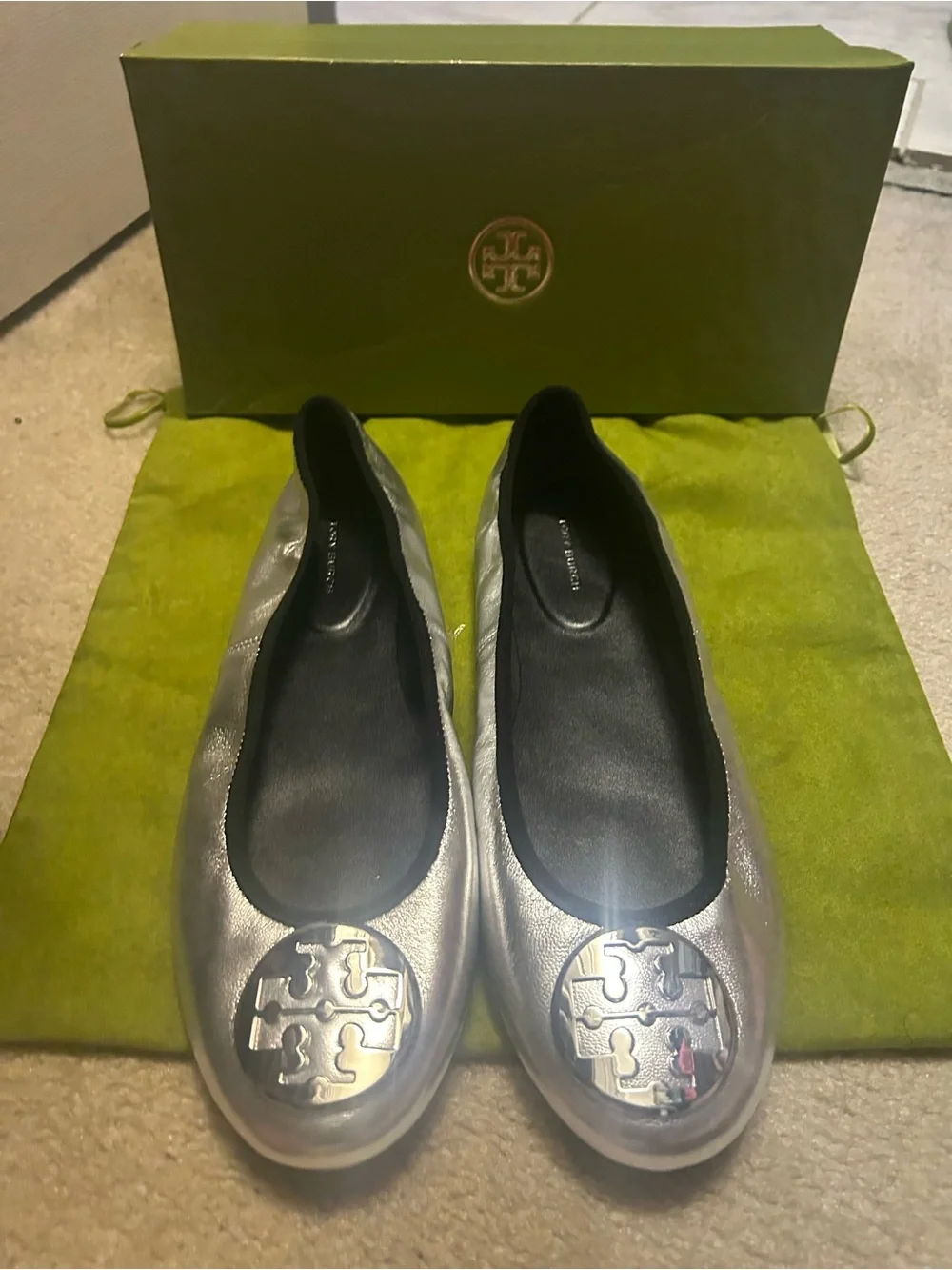 NWT TORY BURCH silver logo MILLER flats.
